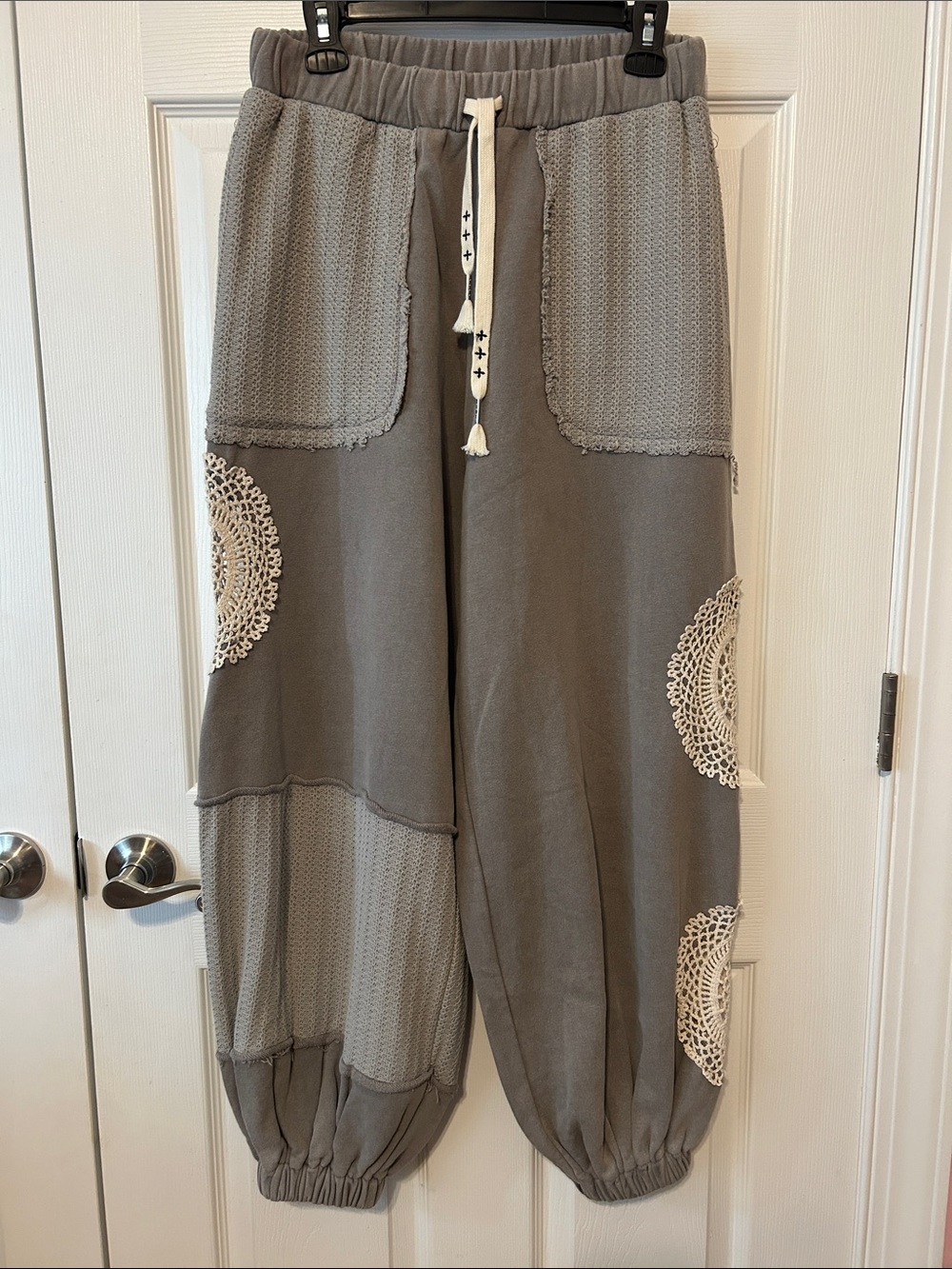 POL Gray Jogger Pants with Cream Crochet Accents